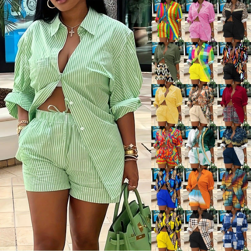 URHER green striped two-piece set with long sleeve button-up shirt and shorts. Model wears white bralette.