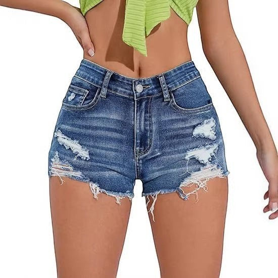 URHER Harlow high-waist distressed denim shorts in blue with frayed hem and high elasticity.