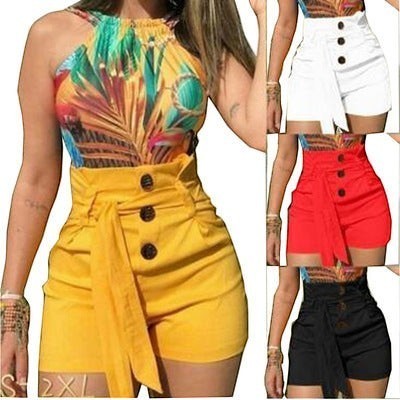URHER women's high waist wide leg shorts with button front and tie waist in yellow, white, red, and black.