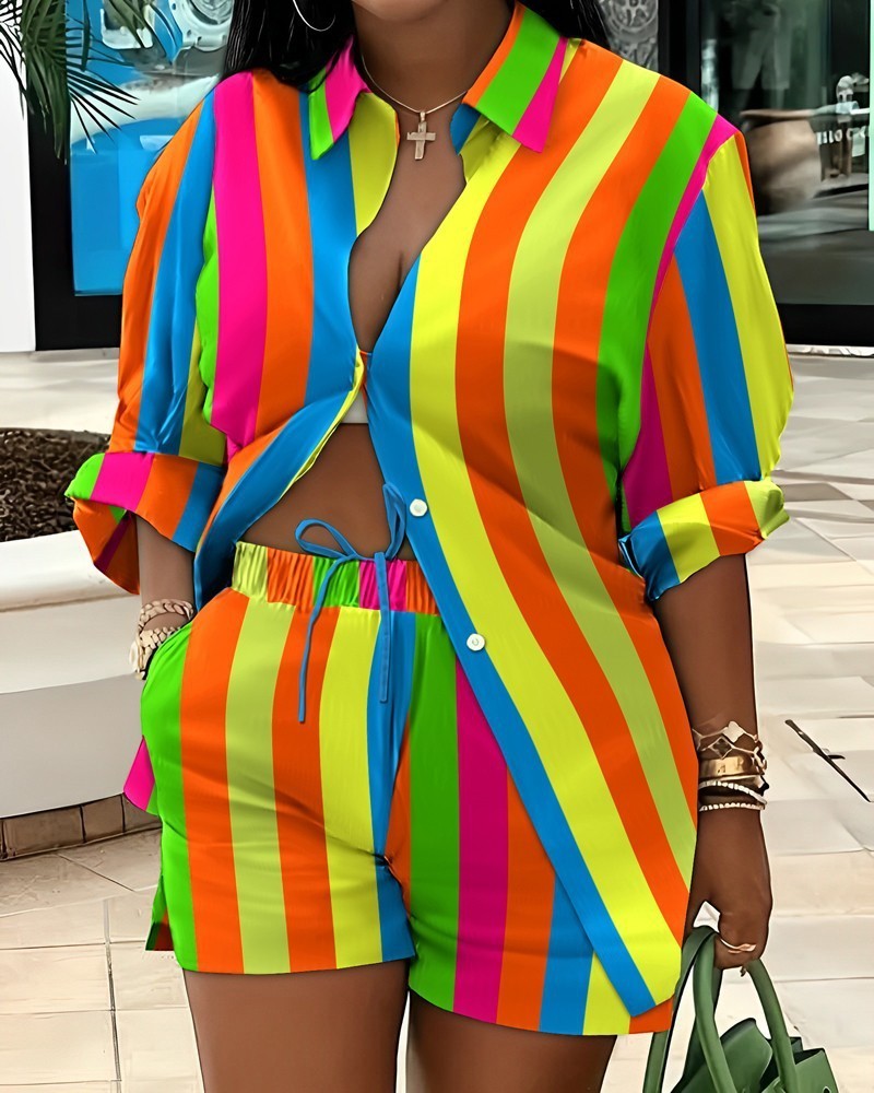 URHER Soleil Printed Two-Piece Set: Multicolor striped long sleeve top and shorts. Casual summer outfit.