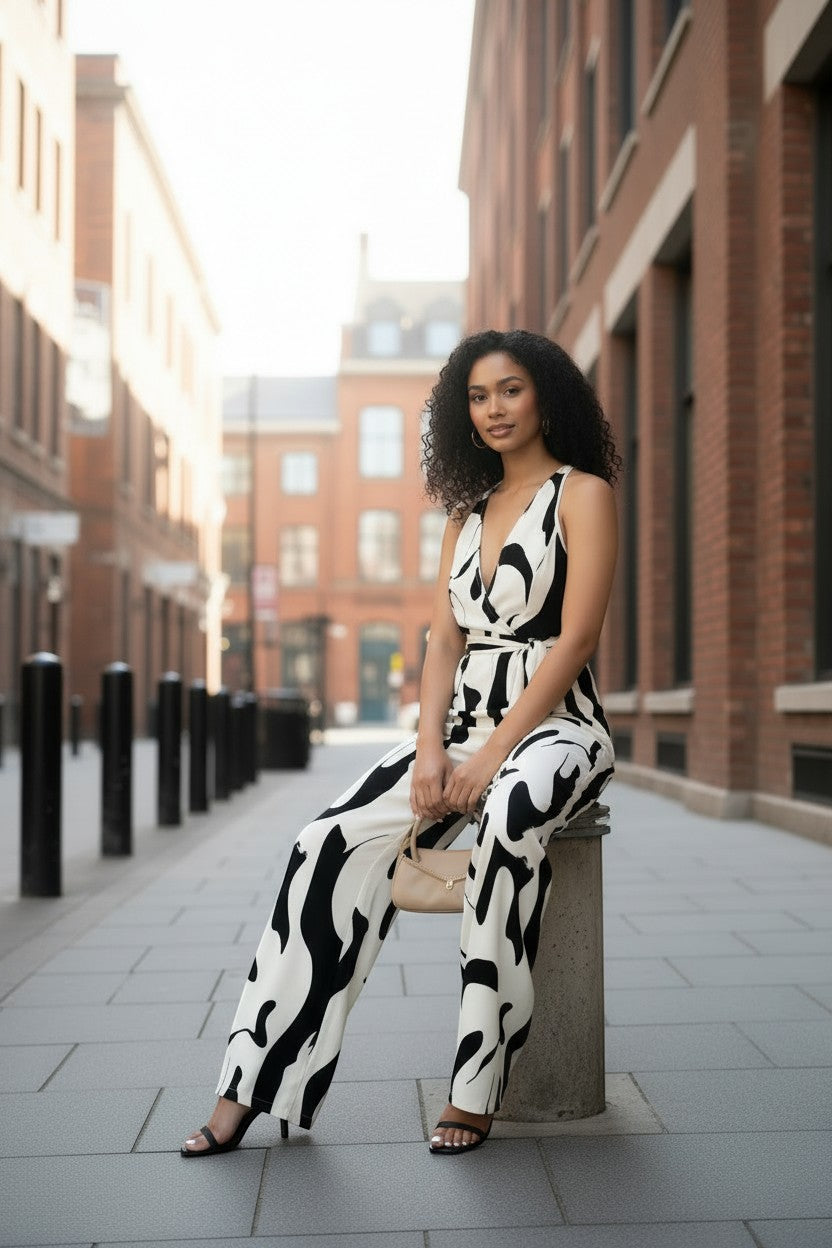 URHER Nia Utility Jumpsuit in black and white abstract print. Relaxed fit, V-neck, wide-leg pants.