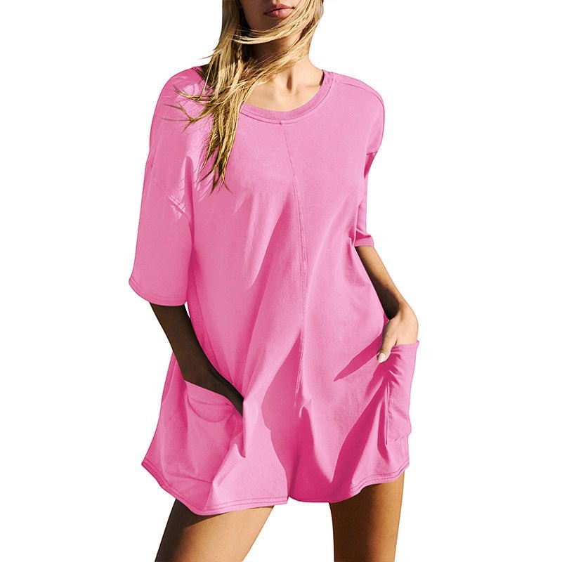 URHER pink cotton blend relaxed fit jumpsuit with pockets and short sleeves