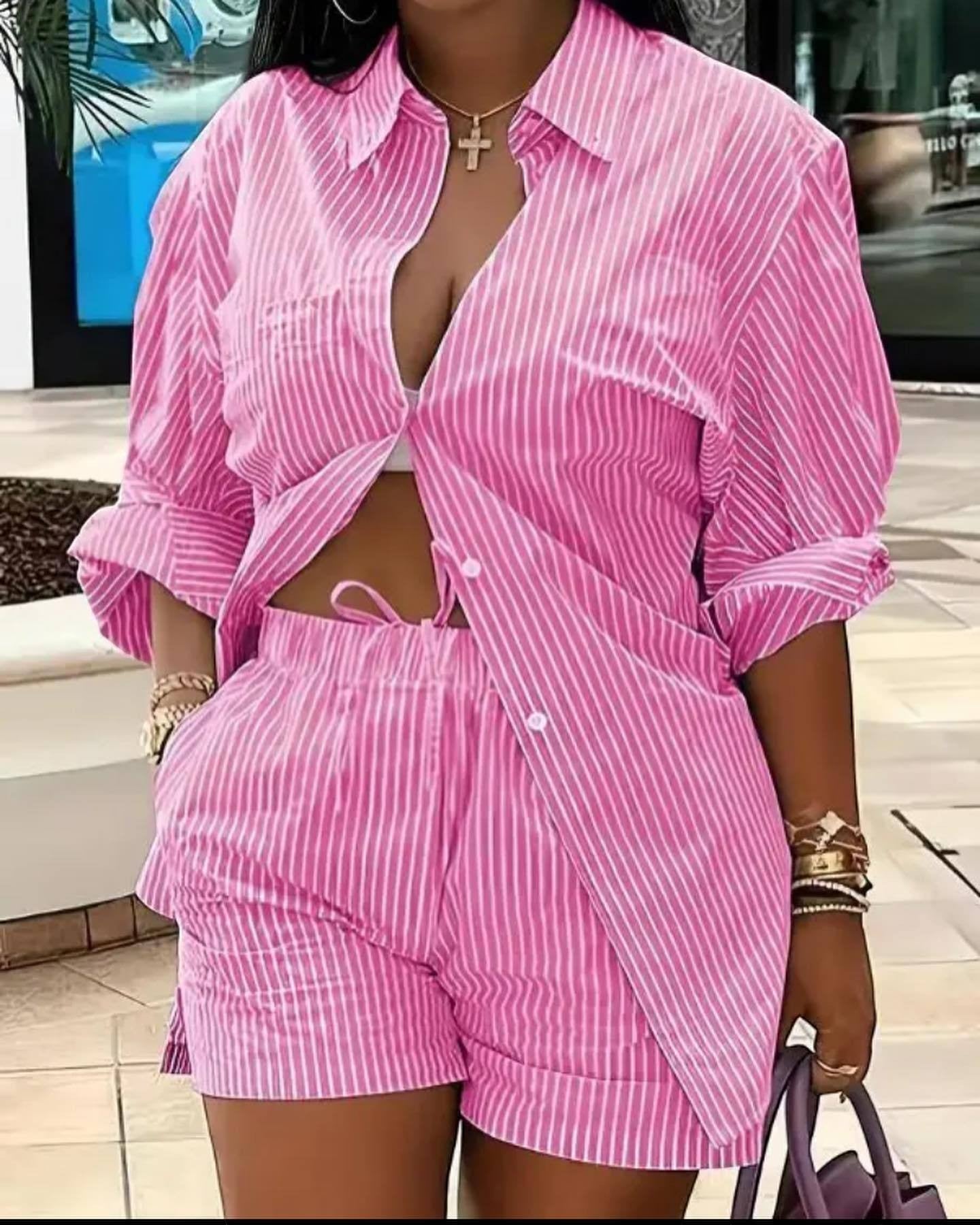 URHER pink and white striped long sleeve button-up shirt and matching shorts set. Casual two-piece outfit.