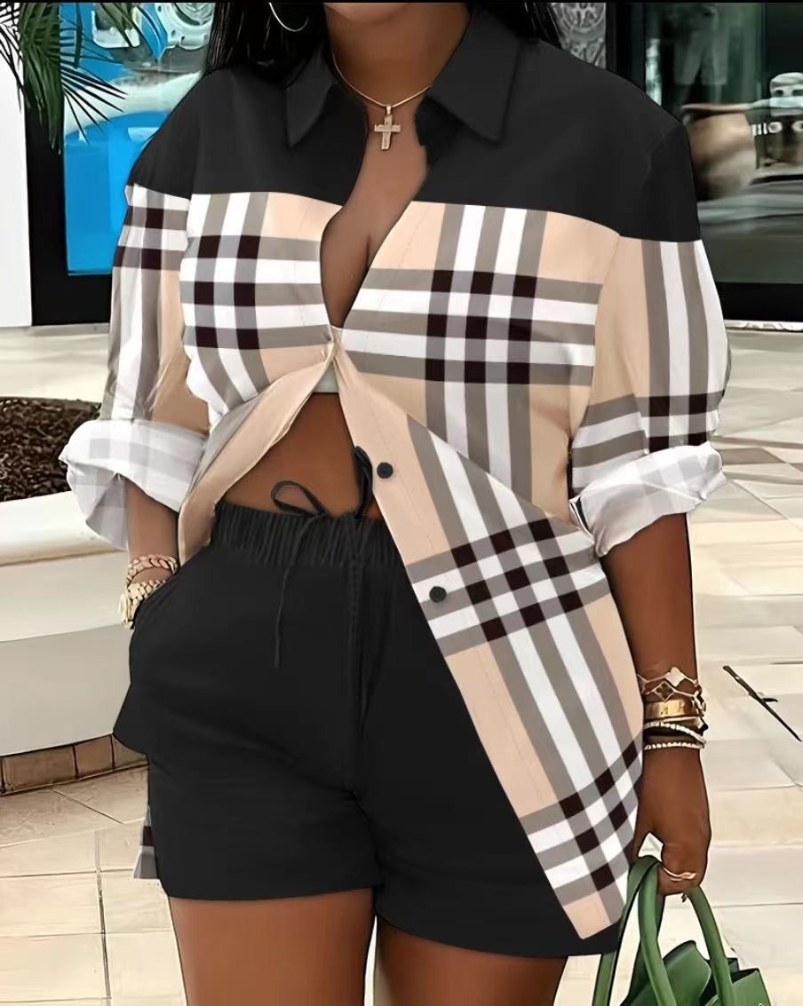 URHER women's two-piece set with black shorts and a long-sleeve collared shirt featuring a black and plaid print.