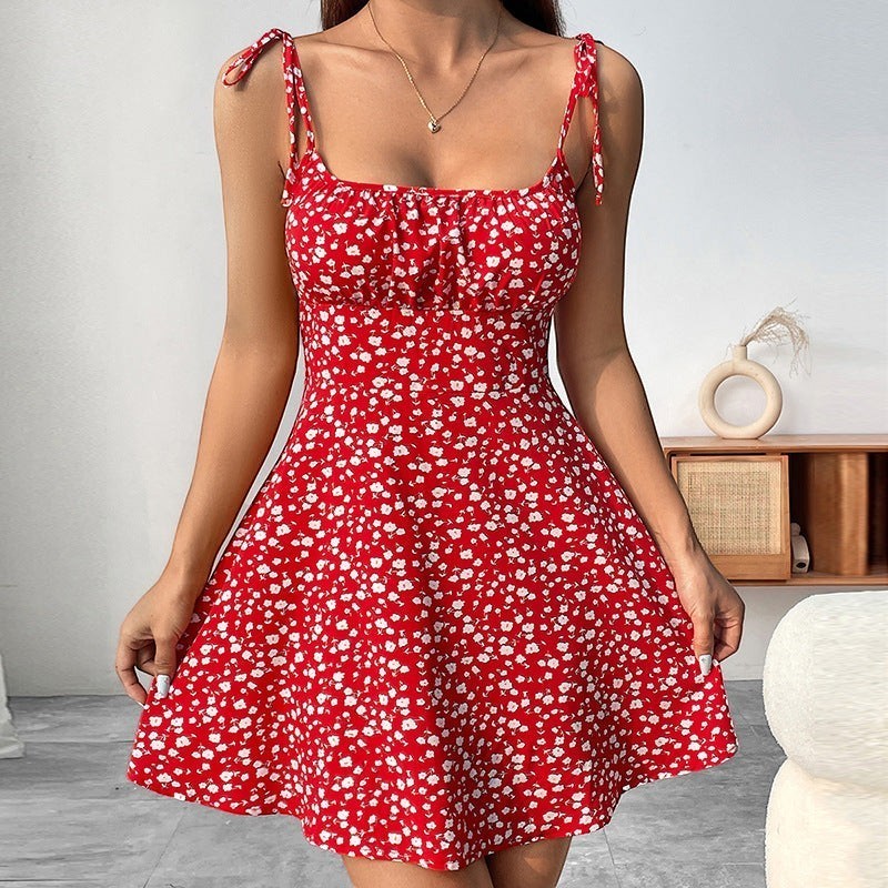 URHER red floral print sleeveless sundress with elastic waist and tie straps