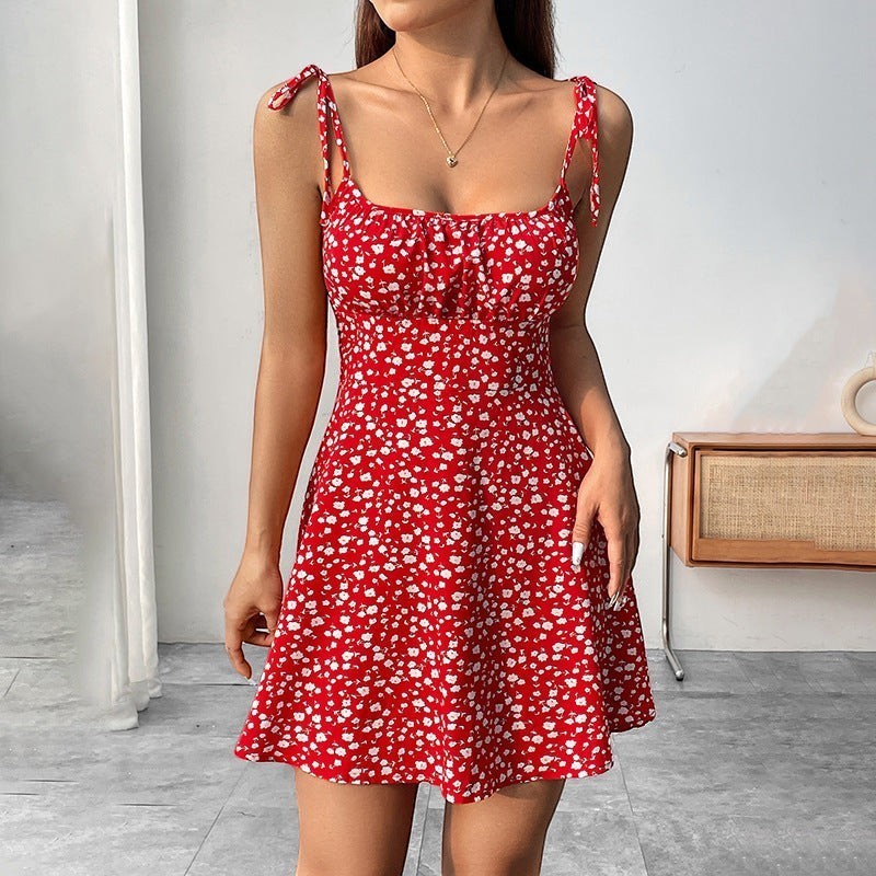 URHER red floral print sundress with tie straps and elastic waist, sleeveless, mini length
