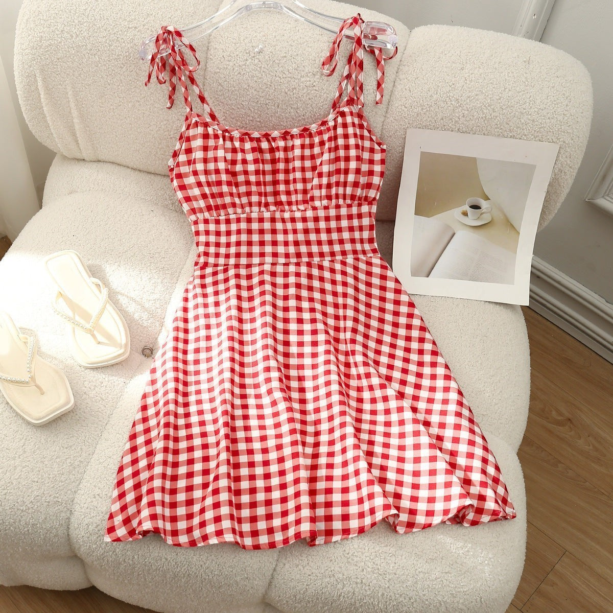 URHER red and white gingham sundress with elastic waist and tie shoulder straps, sleeveless, A-line skirt.