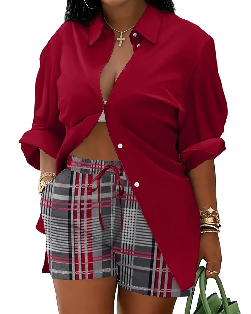 URHER red long sleeve collared shirt with plaid shorts set. Casual two-piece outfit.