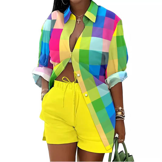URHER Soleil Printed Two-Piece Set: colorful plaid long sleeve shirt and yellow shorts.