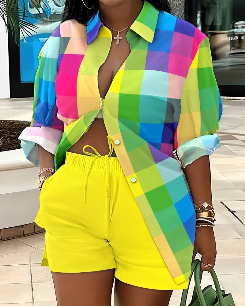 URHER Soleil Printed Two-Piece Set: colorful plaid long sleeve shirt and yellow shorts.