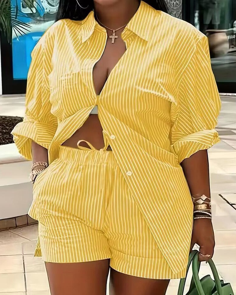 URHER yellow and white striped long sleeve button-up shirt and matching shorts set.