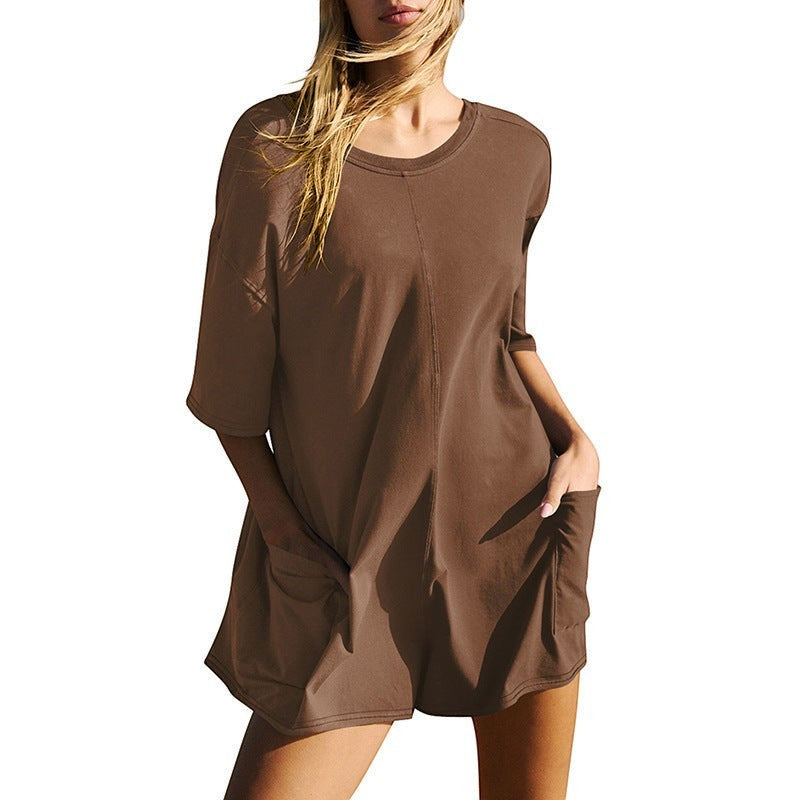 URHERE Imani Easy Jumpsuit in brown cotton, featuring a relaxed silhouette, crew neck, and side pockets.