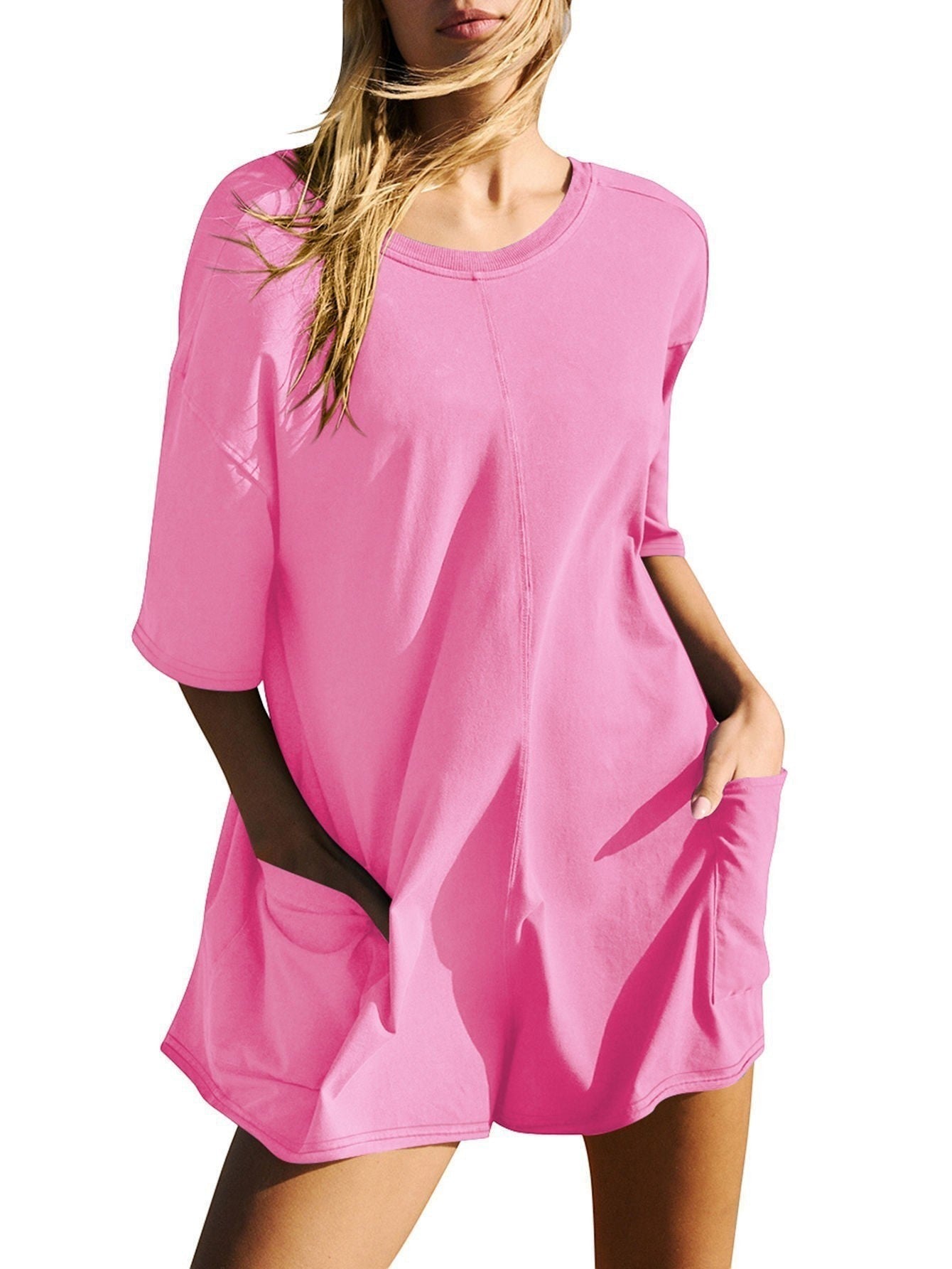 URHERE pink cotton blend Imani Easy Jumpsuit with pockets and relaxed silhouette