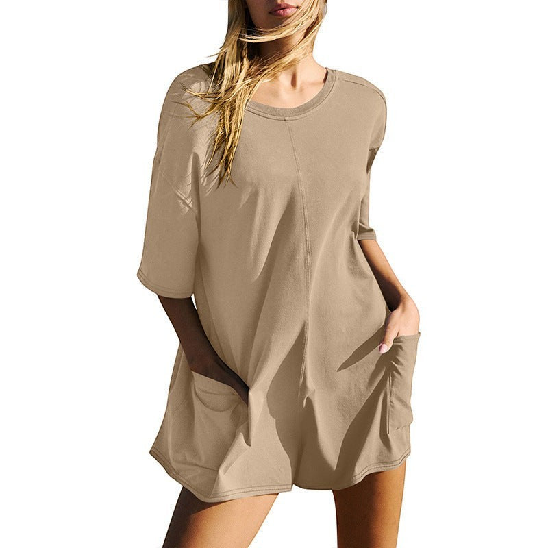 URHERE Imani Easy Jumpsuit in tan, a relaxed fit, knee-length t-shirt dress with short sleeves and pockets.