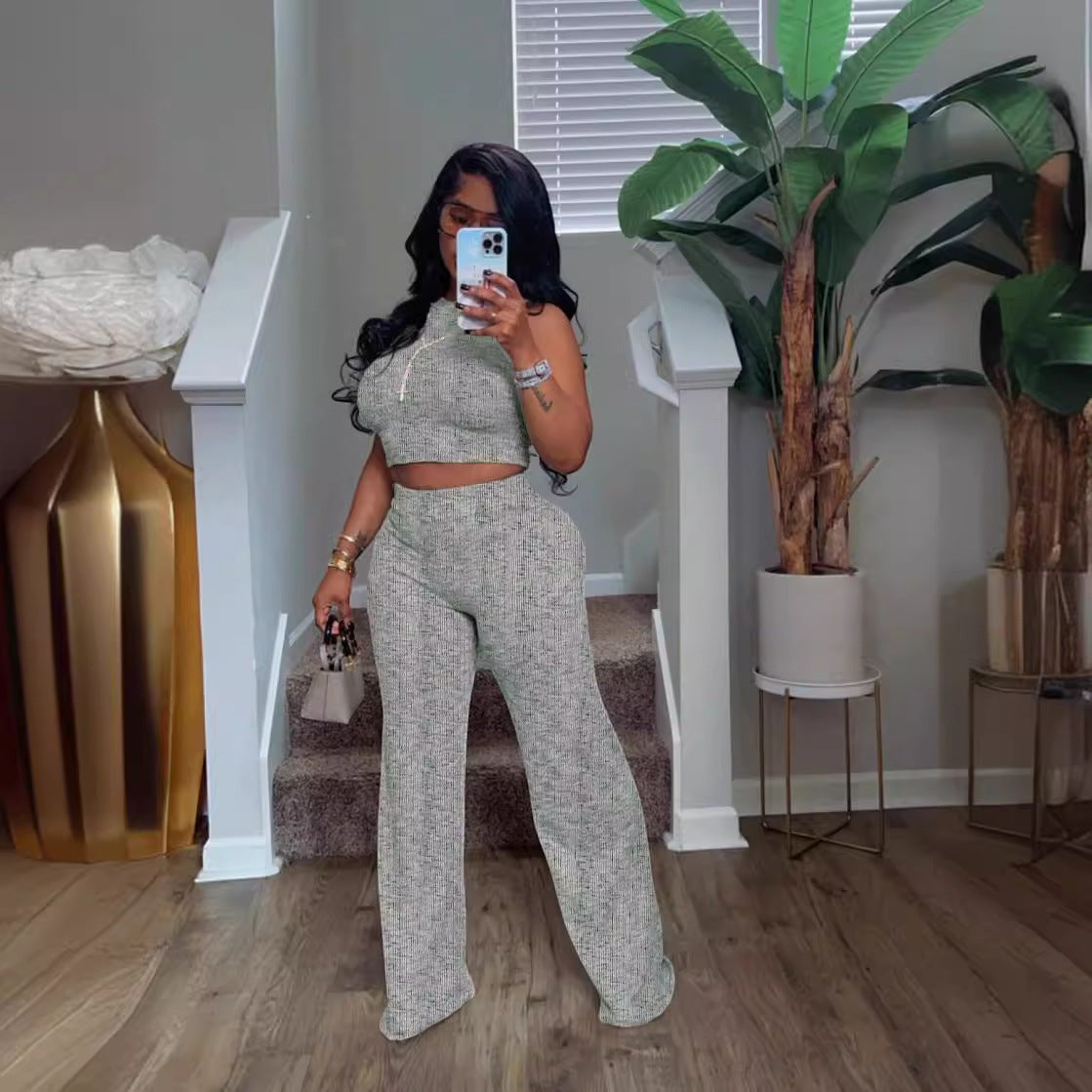 URHERHere Whitly V-neck sleeveless crop top and wide-leg pants set in gray knit fabric with a subtle striped pattern.