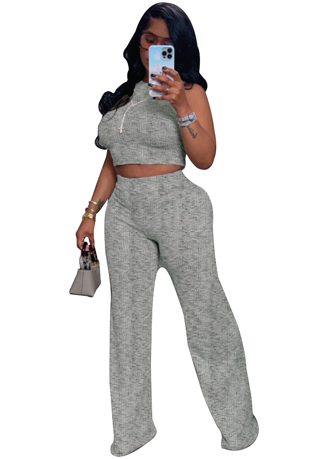 URHERHere gray knit sleeveless V-neck crop top and wide-leg pants set with side pockets.