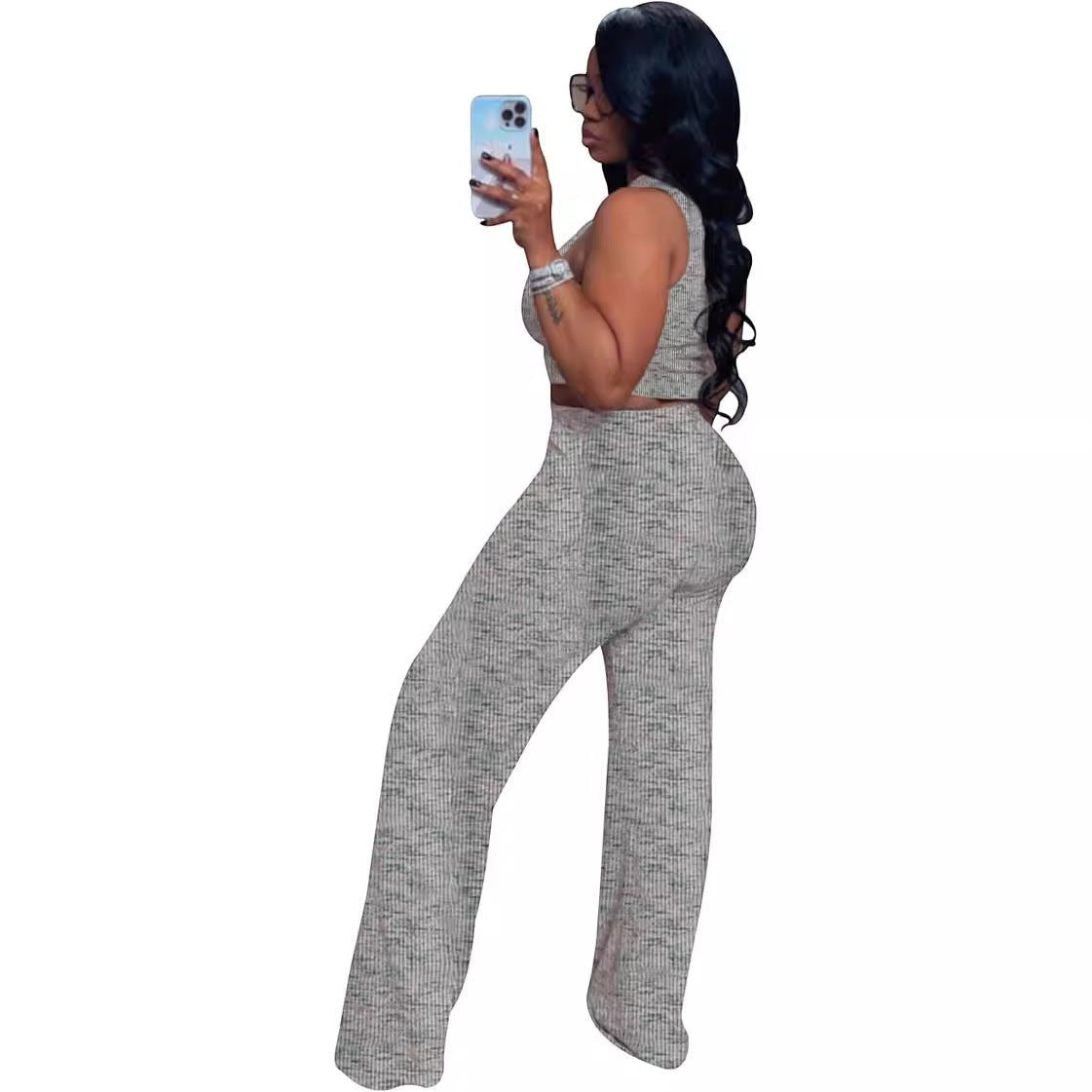 URHERHere gray knit V-neck crop top and wide-leg pants set on a woman.