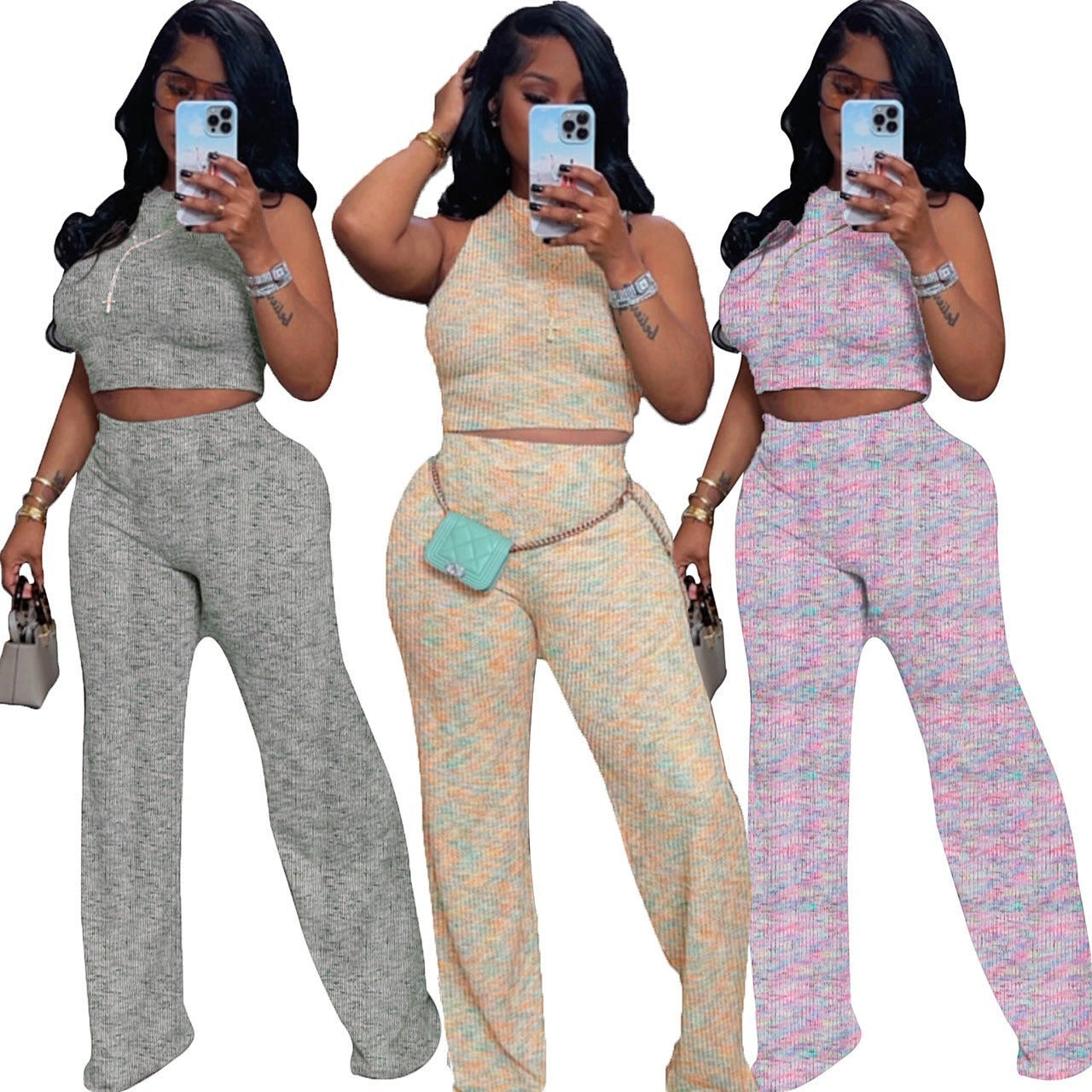 URHERHere Whitly V-Neck crop wide-leg knit set in gray, yellow, and pink multi-color options. Sleeveless top and flowing pants.