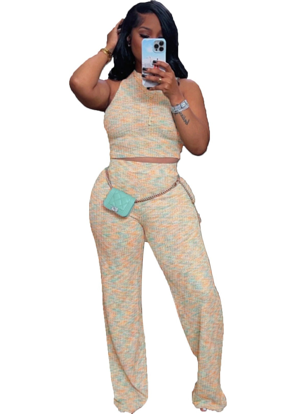 URHERHere Whitly V-neck sleeveless crop top and wide-leg pants set in a marled knit fabric with yellow, pink, and blue tones.