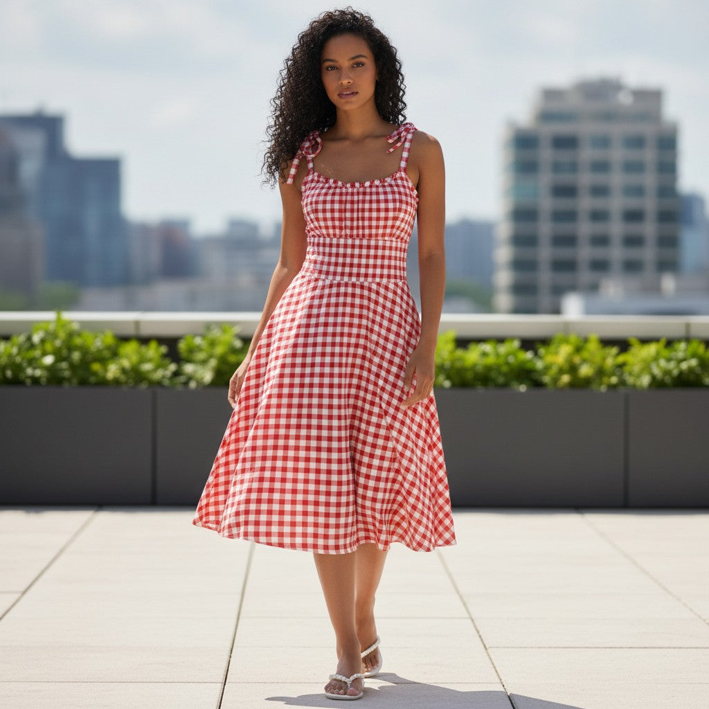 URHERHere red and white gingham sundress with elastic waist and tie shoulder straps. Sleeveless, collarless A-line skirt.