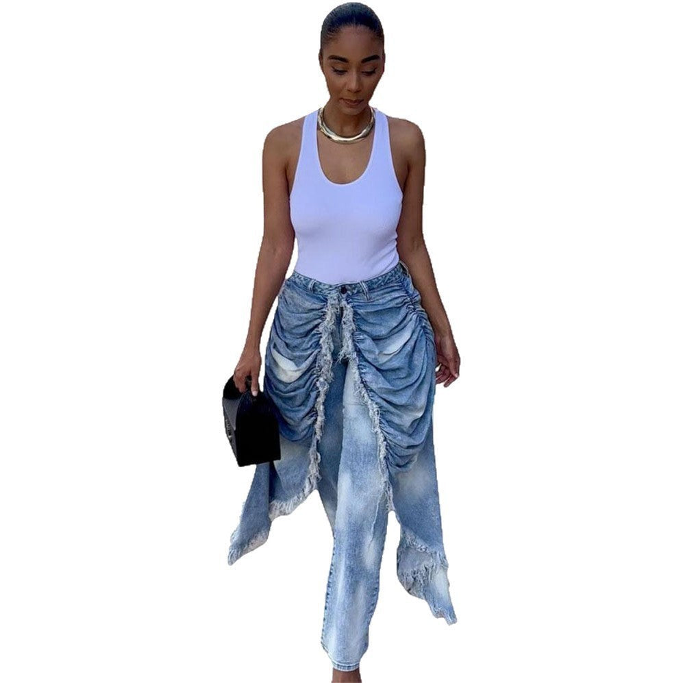 URHERHere Reese high-rise straight-leg denim jeans with distressed frayed detailing and a draped ruched front.